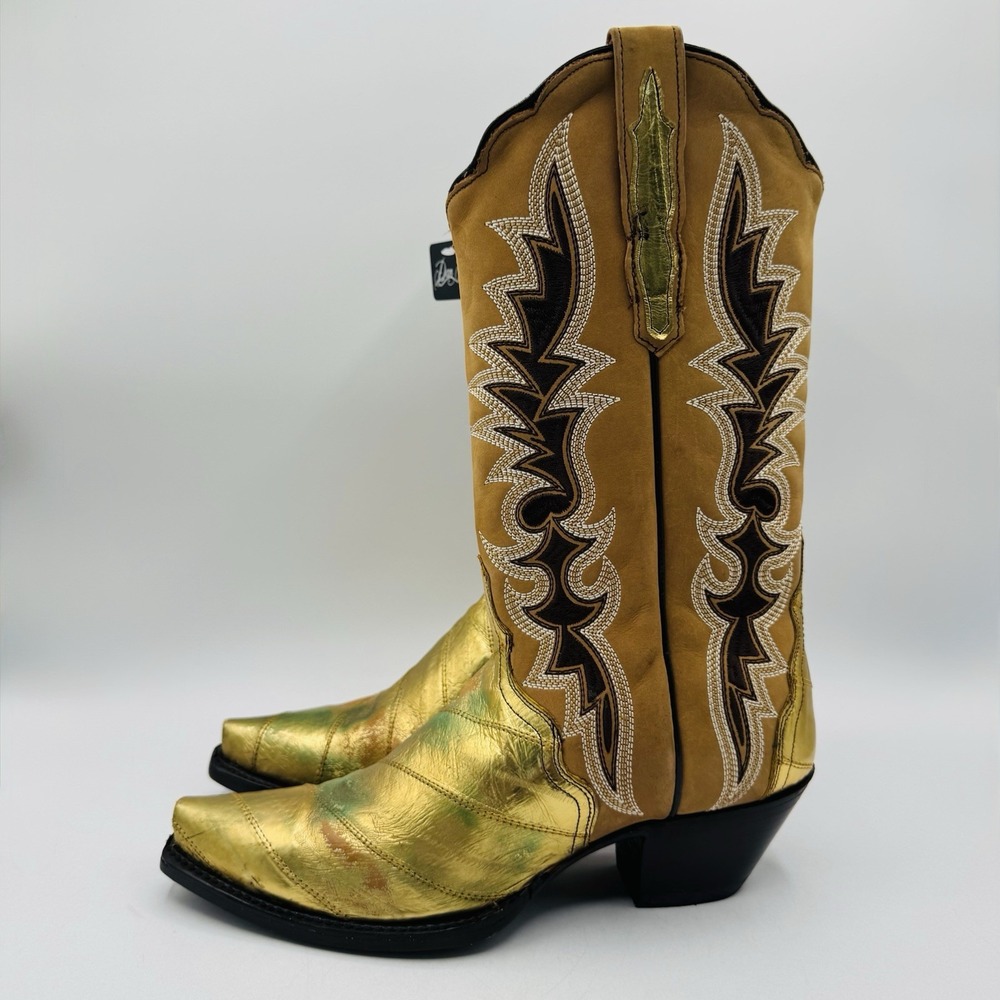 Dan Post Genuine Eel Exotic Boots Women's Size 9 Crackle Gold Metallic Leather - Picture 2 of 16